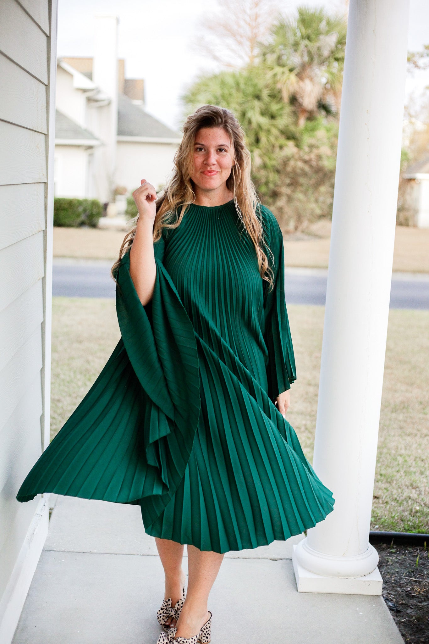 Batwing Pleated Forest Green Dress  BX1310 OS Official JT Merch