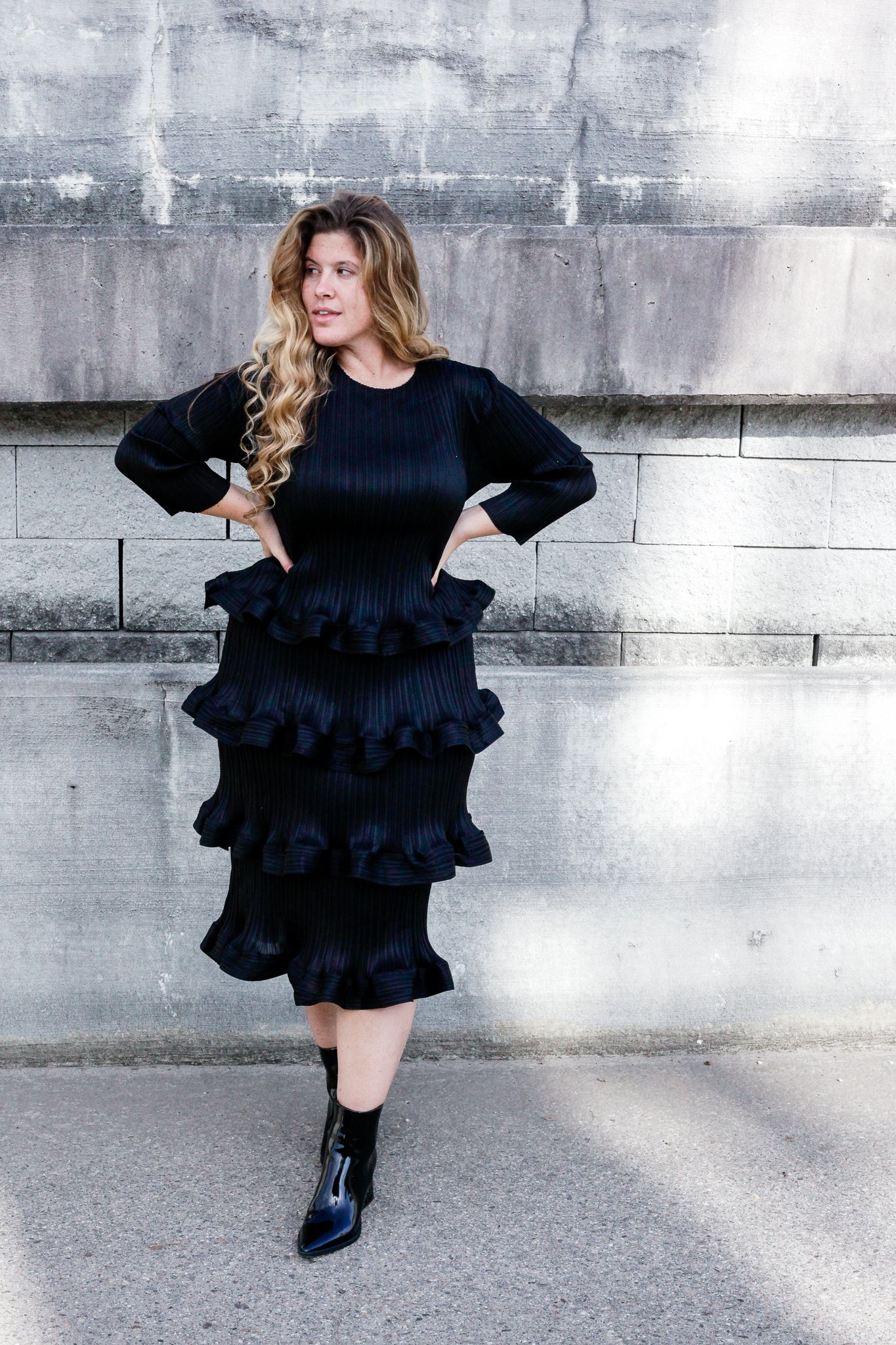 Black Pleated Tiered Ruffle Dress  BX1310 OS Official JT Merch