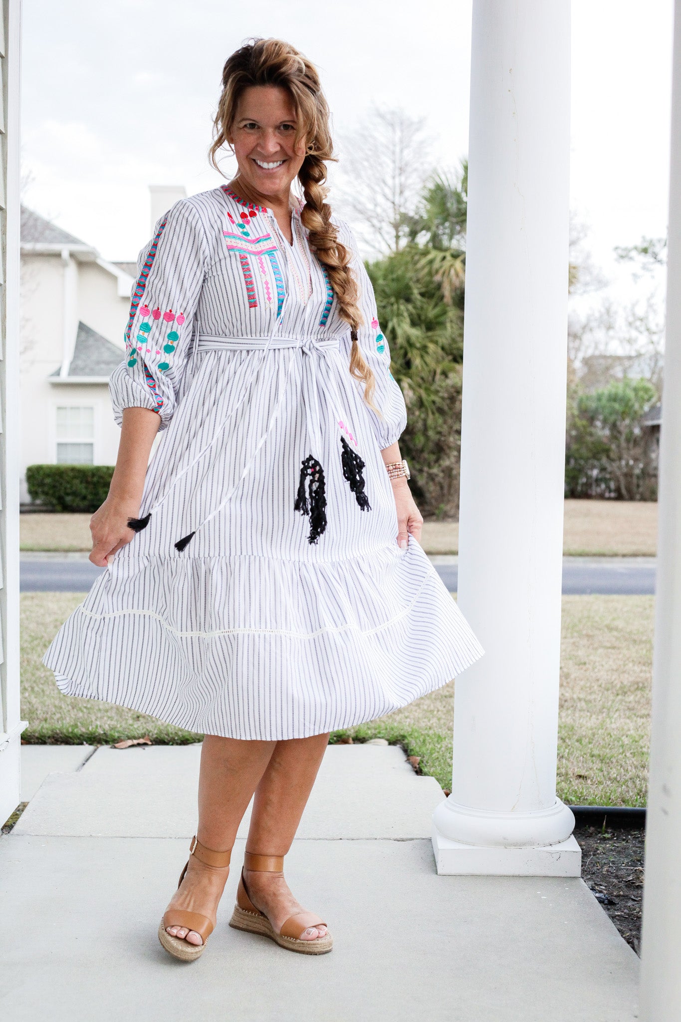 White Black Pinstripe Embroidered Dress  BX1310 Medium Official JT Merch