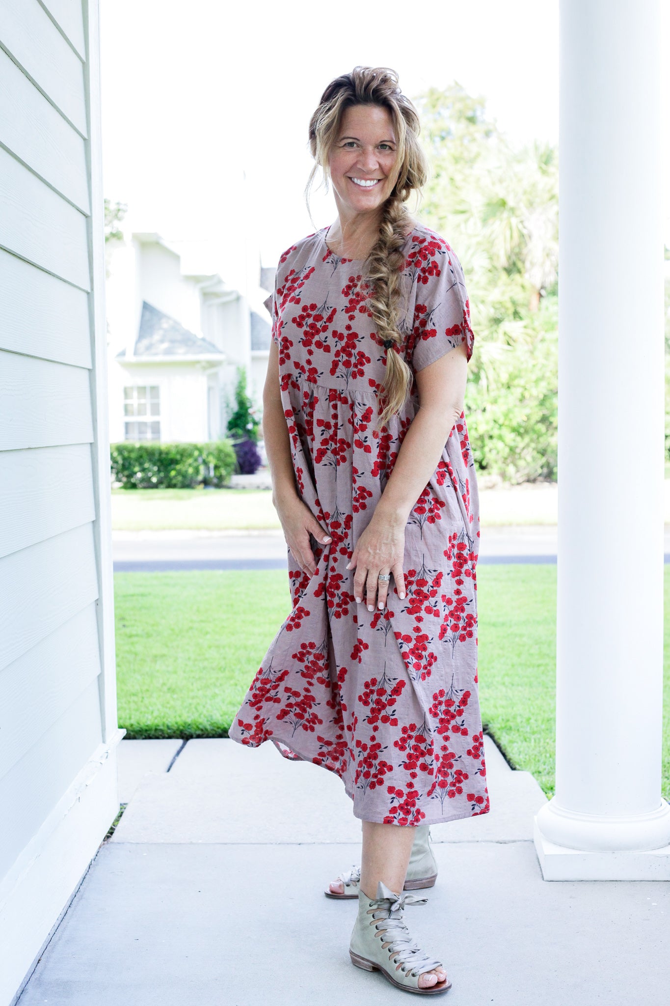 Poppy Print Short Sleeve Boho Dress  BX1310 Medium / Green Official JT Merch